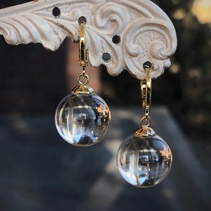 Floating Rock Crystal Quartz Orb Earrings: 14K Gold Filled Huggies