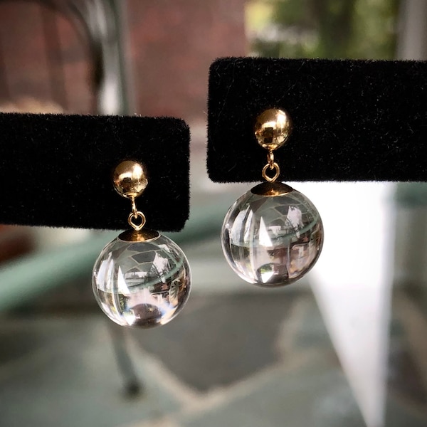 14K Solid Gold 12mm Rock Crystal Quartz Earrings: Pools of Light Dangle