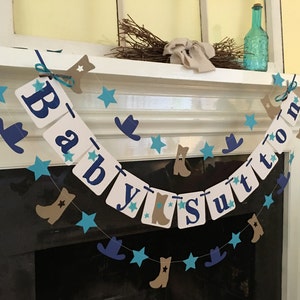 Cowboy Baby Shower Decoration Cowgirl Baby Shower Welcome Baby Name Banner Western Baby Shower boots cowboy hats  Baby Shower Custom Colors
