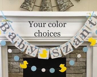 Rubber Duck Baby Shower Decorations Baby Name Banner Rubbery Ducky Baby Shower Decorations Rubber Duck Garland Boy or Girl Custom Colors