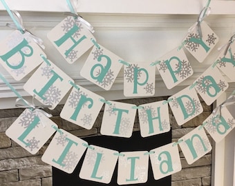 Snowflake Party Decoration Frozen Birthday Banner with Name HAPPY BIRTHDAY Birthday sign photo prop - CUSTOMIZE First Name and Colors