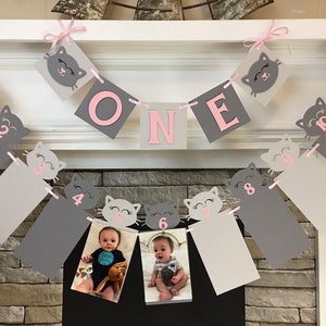 Kitty Cat First Birthday Party Decorations Cat Birthday Banner Cat 12 Month Photo Banner Cat 1st Year Photo Banner ONE High Chair Banner