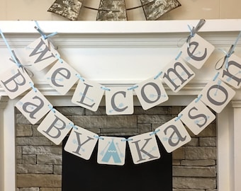 Aztec Baby Shower Decoration Tribal Baby Shower Welcome Baby Name Banner Teepee Baby Shower Arrows Baby Shower Pow Wow Custom Colors