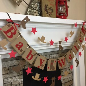 Cowboy Baby Shower Decoration Cowgirl Baby Shower Welcome Baby Name Banner Western Baby Shower boots cowboy hats  Baby Shower Custom Colors