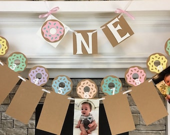 Donut First Birthday Decorations I am 1 ONE High Chair Banner Donut Grow Up 12 Month Photo Banner Donut 1st Year Photo Banner Your Colors