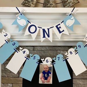 Whale First Birthday Decorations Whale Banner I am ONE High Chair Banner Whale 12 Month Photo Banner Girl or Boy 1st Year Photo Banner