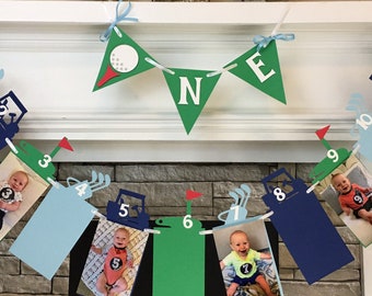 Hole In ONE Golf First Birthday Decorations Golf 12 month photo banner Golf 1st Year Photo Banner ONE High Chair Banner Lets Par-Tee cart