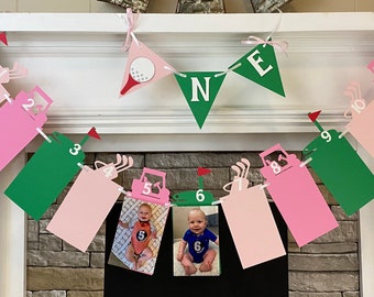 Pink Hole In ONE Golf First Birthday Decorations Golf 12 month photo banner Golf 1st Year Photo Banner ONE High Chair Banner Lets Par-Tee