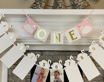 Princess Swan First Birthday Decorations Swan 12 Month Photo Banner Swan 1st Year Photo Banner Swan Princess ONE High Chair Banner Gold