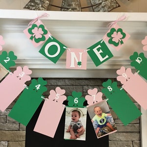 Pink St Patricks Day First Birthday Decorations Lucky ONE High Chair Banner Shamrock 12 Month Photo Banner Irish ONE 1st Year Photo Banner