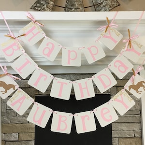 Horse Birthday Party Name Banner Pink Gold Horse Decorations Pony Party Horse Birthday Cowgirl Party Saddle Up Birthday Decor Custom Colors