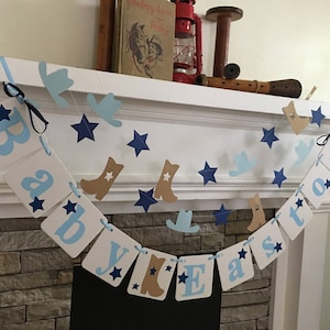 Cowboy Baby Shower Decoration Cowgirl Baby Shower Welcome Baby Name Banner Western Baby Shower boots cowboy hats  Baby Shower Custom Colors
