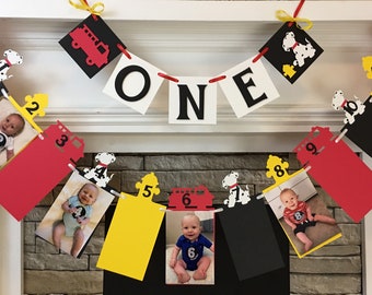 Fire Truck First Birthday Decorations Fireman Fire Truck 12 Month Photo Banner Fire Engine 1st Year Photo Banner ONE High Chair Banner