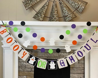 Booy or Ghoul Halloween Gender Reveal Banner Ghost Baby Shower Decorations Halloween Baby Shower Banner Boy or Girl Blue Pink Custom Colors