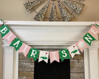 Girls Pink Golf First Birthday Banner Birthday Name Banner 1st Birthday I am ONE GOLF Birthday Party Decoration Par-Tee custom colors master
