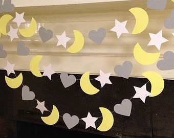 I Love You To The Moon and Back yellow and grey Moon and Stars Garland/ Nursery Decoration/ Baby Shower Decoration/ Custom Color 10ft