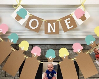 Ice Cream First Birthday Decorations Ice Cream 12 month Photo Banner Ice Cream 1st Year Photo Banner ONE High Chair Banner Boy or Girl