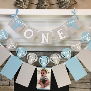 Hot Air Balloon First Birthday Decorations Hot Air Balloon 12 Month Photo Banner Up Up And Away 1st Year Photo Banner ONE High Chair Banner