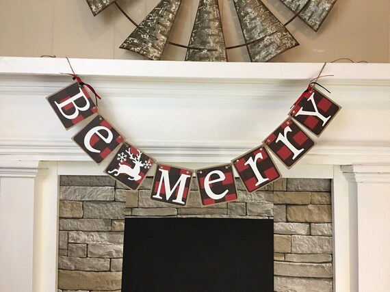 Buffalo Check Christmas Decorations Be Merry Red and Black Buffalo Plaid Christmas Banner Farmhouse Decoration Plaid Christmas Garland Il_570xn