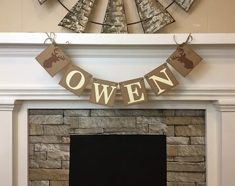 Woodland Baby Shower Decor little Buck Baby Shower Name Banner Baby Name Banner Nursery Decor Nursery Decor Deer Stag Antlers CUSTOM COLORS