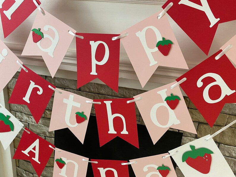 Strawberry First Birthday Decorations Berry First Birthday Happy Birthday Name Banner 1st Birthday 2nd 3rd 4th 5th etc Personalized Banner image 2