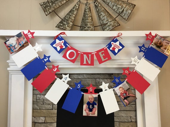 4th of July First Birthday Decorations Little Firecracker 12 Month Photo Banner Red White Blue 1st Year Photo Banner ONE High Chair Banner Il_570xn