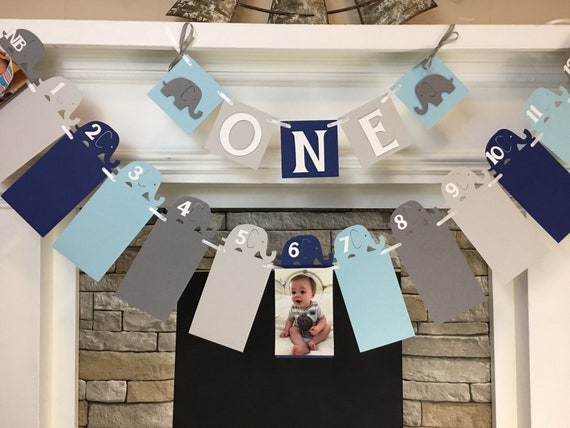 Elephant First Birthday Decorations Elephant Photo Banner ONE High Chair Banner Elephant 12 Month Photo Banner 1st Year Photo Banner Il_570xn
