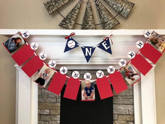 Baseball First Birthday Decorations Baseball 12 month photo banner Baseball 1st Year Photo Banner My Rookie Year 1 ONE High Chair Banner Il_570xn