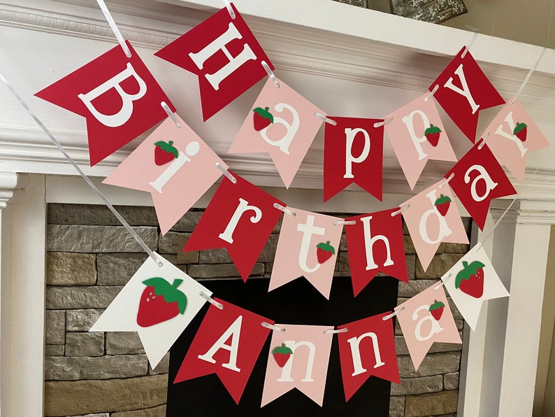 Strawberry First Birthday Decorations Berry First Birthday Happy Birthday Name Banner 1st Birthday 2nd 3rd 4th 5th etc Personalized Banner image 4