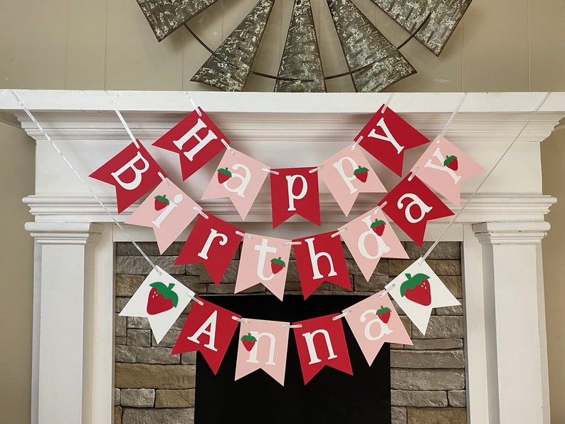 Strawberry First Birthday Decorations Berry First Birthday Happy Birthday Name Banner 1st Birthday 2nd 3rd 4th 5th etc Personalized Banner image 5