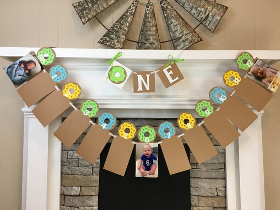 Donut First Birthday Decorations I am 1 ONE High Chair Banner Donut Grow Up 12 Month Photo Banner Donut 1st Year Photo Banner Your Colors Il_570xn