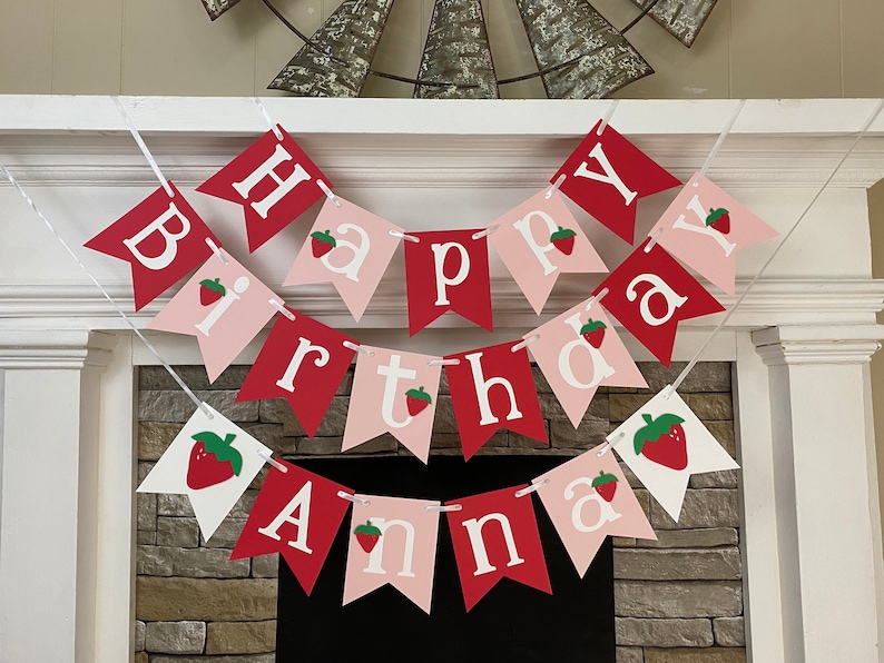 Strawberry First Birthday Decorations Berry First Birthday Happy Birthday Name Banner 1st Birthday 2nd 3rd 4th 5th etc Personalized Banner image 1