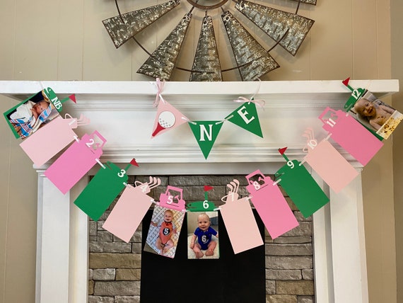 Pink Hole In ONE Golf First Birthday Decorations Golf 12 month photo banner Golf 1st Year Photo Banner ONE High Chair Banner Lets Par-Tee Il_570xn