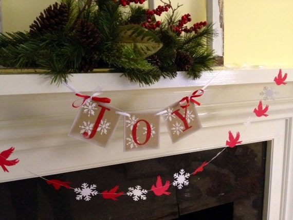 Christmas Decoration JOY Banner Joy Garland Holiday Decoration Joy sign With Red Cardinal and snowflake paper garland Photo Prop Il_570xn
