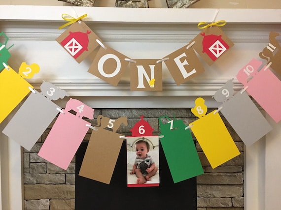 Farm Animal Decoration I am 1 ONE High Chair Banner Barn 12 Month Photo Banner Farm First Birthday Barnyard Decoration 1st Year Photo Banner Il_570xn
