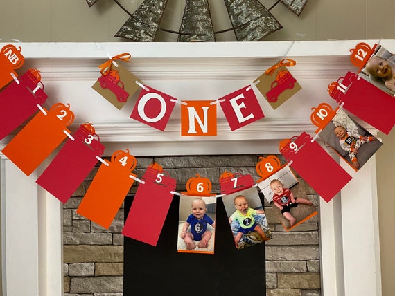 Little Pumpkin First Birthday Decorations Vintage Truck Banner ONE High Chair Banner Pumpkin 12 Month Photo Banner 1st Year Photo Banner Il_570xn