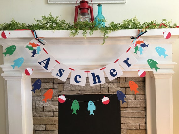 Fish Birthday Decorations Child's Name Banner Gone Fishing Birthday Banner Fish Baby Shower Decor first birthday Fish Garland Custom Colors Il_570xn