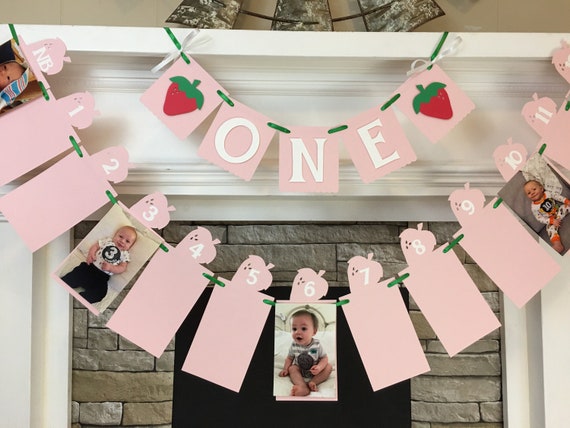 Strawberry Banner I am 1 ONE High Chair Banner Strawberry 12 Month Photo Banner Berry First Birthday Decorations 1st Year Photo Banner Il_570xn