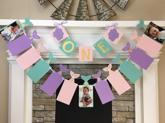 Mermaid Banner I am 1 ONE High Chair Banner Mermaid 12 Month Photo Banner Mermaid First Birthday Mermaid Decorations 1st Year Photo Banner Il_570xn