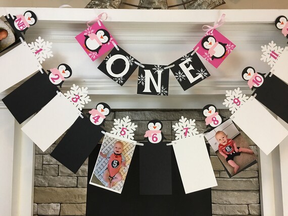 Winter Onederland Penguin First Birthday Decoration I am 1 ONE High Chair Banner Penguin 12 Month Photo Banner Penguin 1st Year Photo Banner Il_570xn