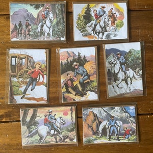 cartes de vœux faites main, vierges, 5 x 7 po. Livre pour enfants sur les cow-boys occidentaux. milieu du siècle des années 1950. lot de 7.