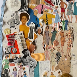 May include: A collage of vintage fashion illustrations and fabric scraps. The collage features various clothing designs, including dresses, pantsuits, and coats. There are also buttons, a ruler, and a piece of fabric with the text "Paris Origin" printed on it.