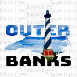 May include: A black and white graphic design with the text "OUTER BANKS" in large bold letters. The text is superimposed over a photo of a lighthouse with a blue sky and clouds. The lighthouse is a black and white striped lighthouse with a red roof.