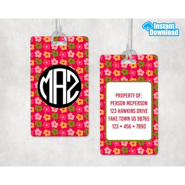 Retro Flowers Monogram Luggage Tag Template • ID Tag • Sublimation PNG