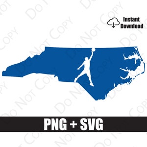 May include: A blue silhouette of the state of North Carolina with a white silhouette of a basketball player shooting a basketball.