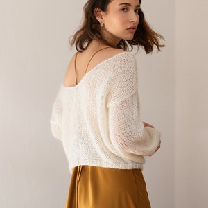 Knit Mohair Sweater, Delicate Deep V Neck Pullover, Loose Oversize Fit, Slouchy Balloon Sleeves, Luxurious Super Soft Kid Mohair