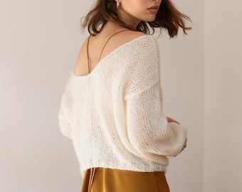 Knit Mohair Sweater, Delicate Deep V Neck Pullover, Loose Oversize Fit, Slouchy Balloon Sleeves, Luxurious Bridal Sweater, Soft Wedding Knit