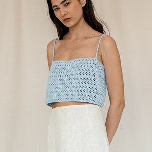 Crochet Lace Top, Square Neck, Delicate Open Stitch, Spaghetti Straps, Minimal Crochet, Cropped Relaxed Boxy Fit — The Ida Crochet Top