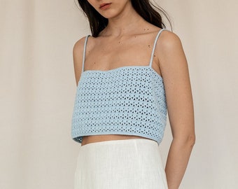 Crochet Lace Top, Square Neck, Delicate Open Stitch, Spaghetti Straps, Minimal Crochet, Cropped Relaxed Boxy Fit — The Ida Crochet Top