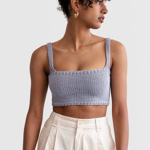 Square Neck Crop Top, Minimal Knit Top, Cropped Yoga Top, Hand Knit, Square Neckline Bra, Fitted Cotton Bralette in Light Lavender